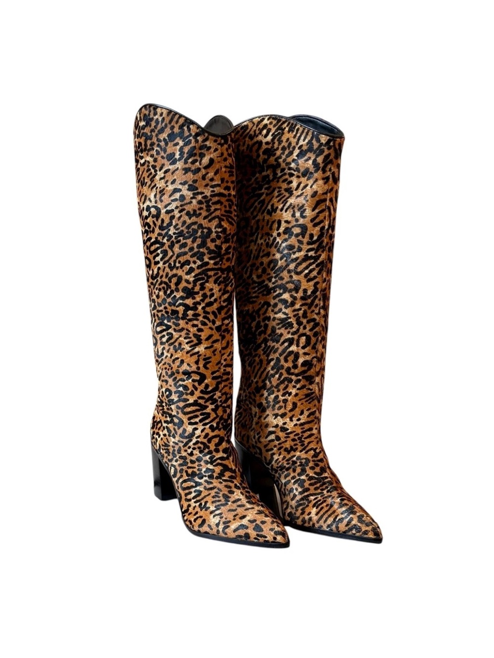 SCHUTZ Leopard-Print Over-the-Knee Pointed Toe Boots in Brown and Black